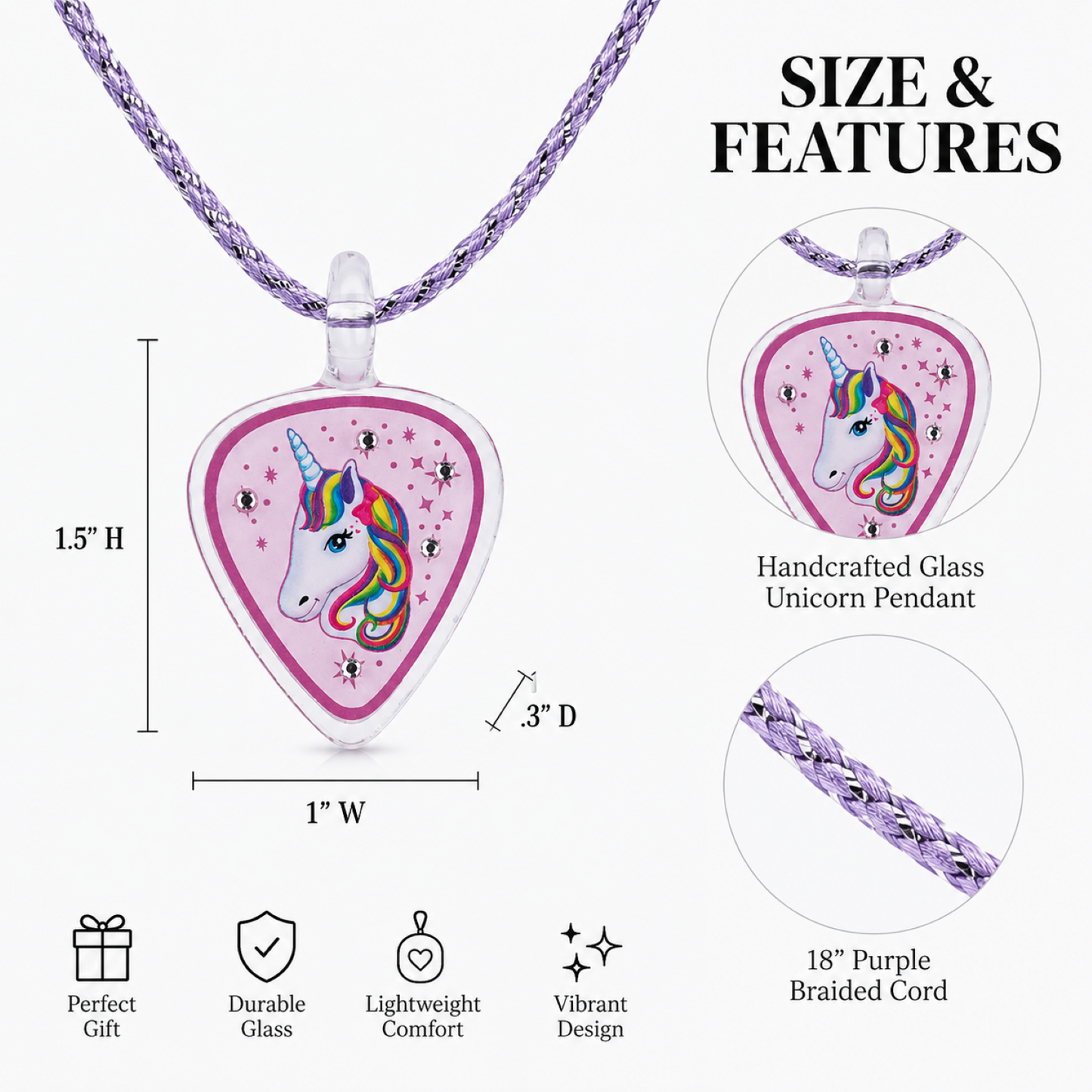 Pretty Unicorn Necklace | Unicorn Pendant Gift on Purple Cord