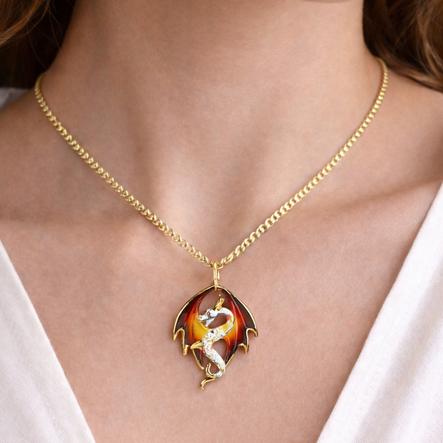 Dragon Necklace | Glass Dragon Pendant on 18" Gold Plated Chain | Fantasy Jewelry
