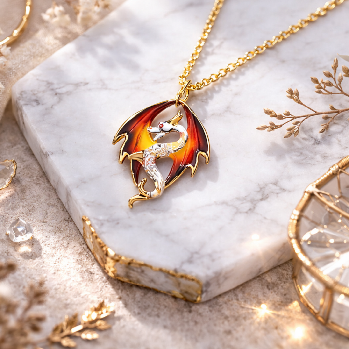 Dragon Necklace | Glass Dragon Pendant on 18" Gold Plated Chain | Fantasy Jewelry