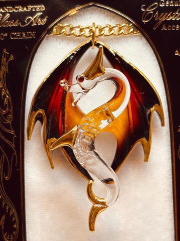 Dragon Necklace | Handcrafted Glass Pendant with Crystals on 18" Gold Chain