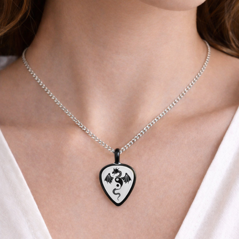 Dragon guitar pick necklace with black dragon design on 18 inch silver chain