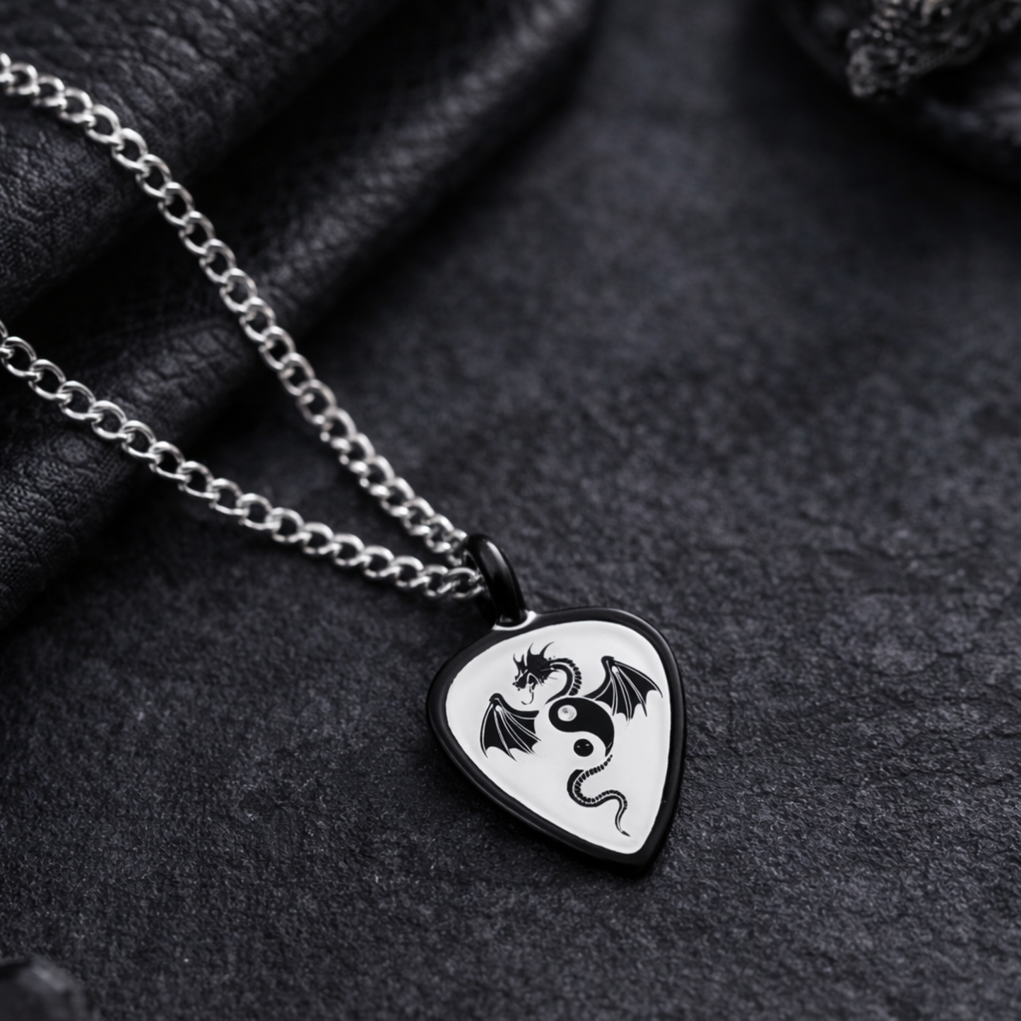Dragon Guitar Pick Necklace Black & White Dragon Pendant on 18" Silver Chain