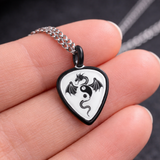 Dragon Guitar Pick Necklace Black & White Dragon Pendant on 18" Silver Chain
