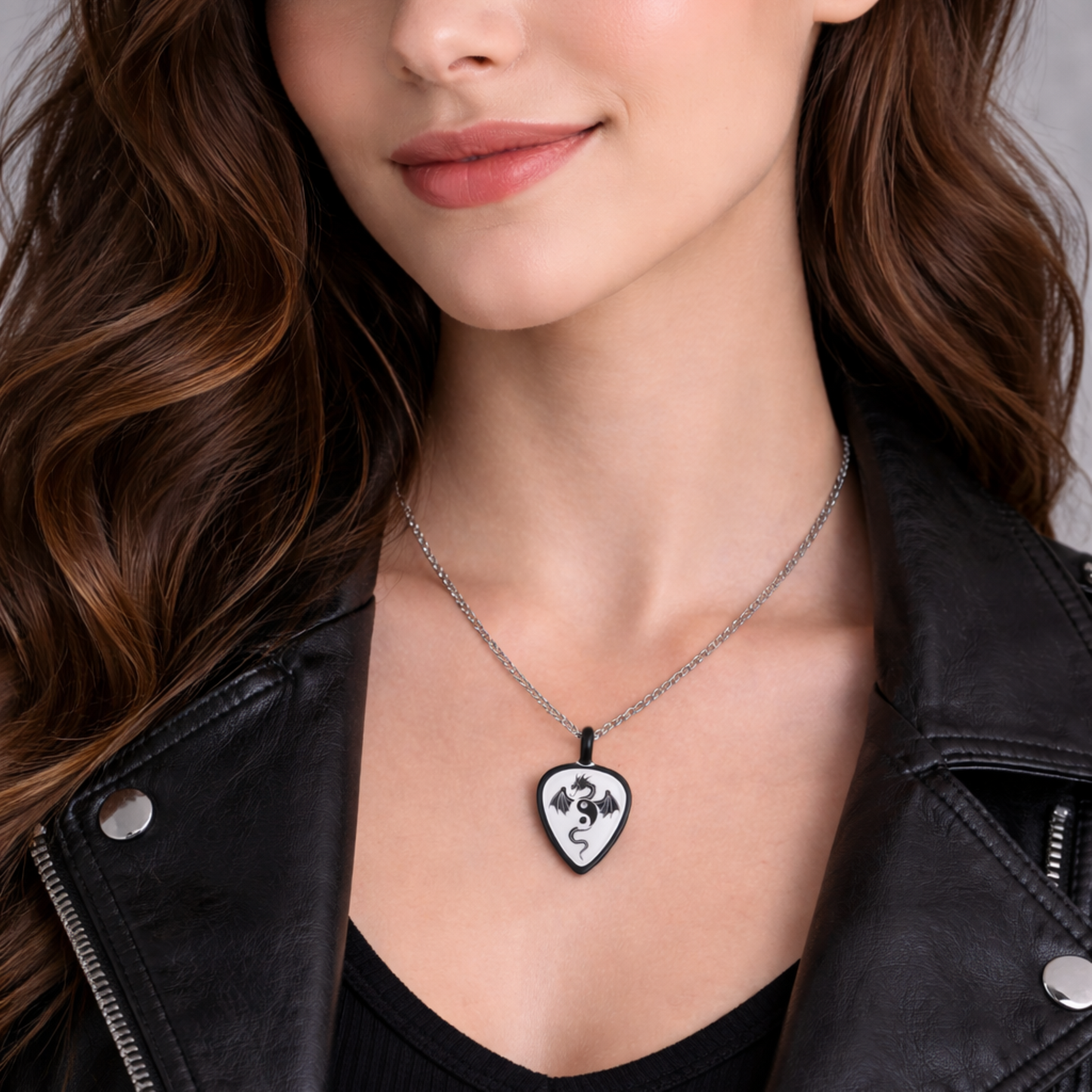 Dragon Guitar Pick Necklace Black & White Dragon Pendant on 18" Silver Chain