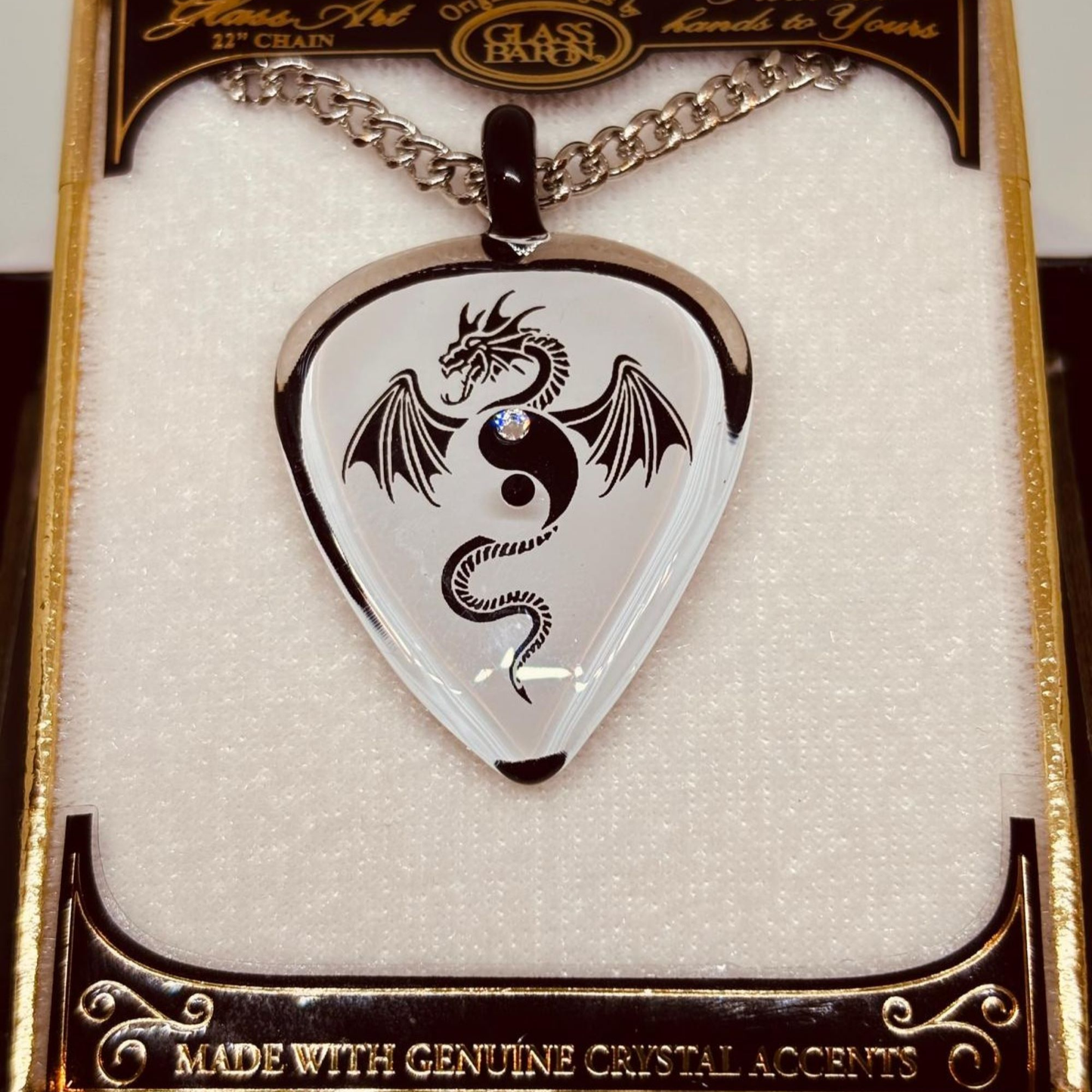 Dragon Guitar Pick Necklace Black & White Dragon Pendant on 18" Silver Chain