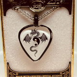 Guitar Pick Dragon Necklace with Crystals on Silver Chain