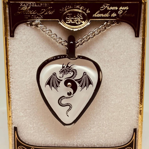 Guitar Pick Dragon Necklace with Crystals on Silver Chain