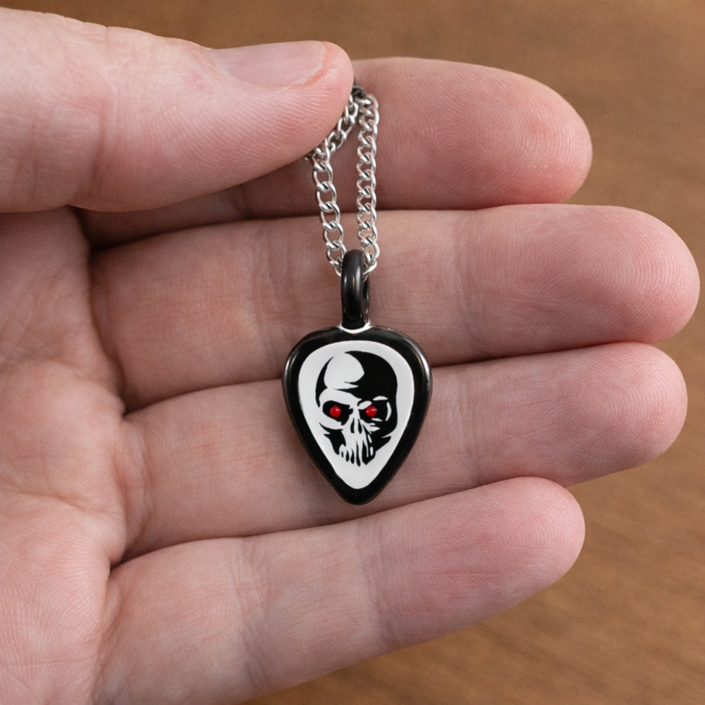 Skull Guitar Pick Pendant Necklace Handcrafted Rock Music Skull Jewelry