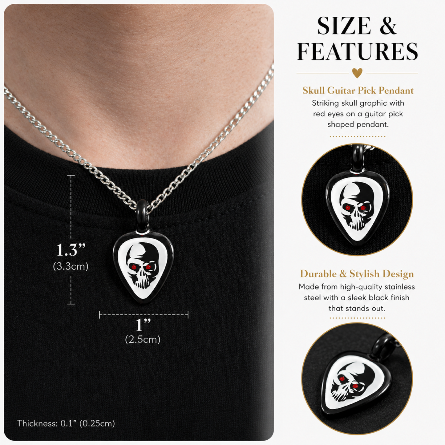 Skull Guitar Pick Pendant Necklace Handcrafted Rock Music Skull Jewelry