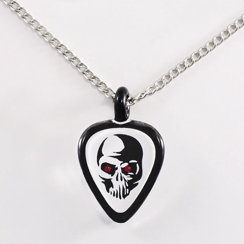 Skull guitar pick pendant necklace with red eye accents on chain