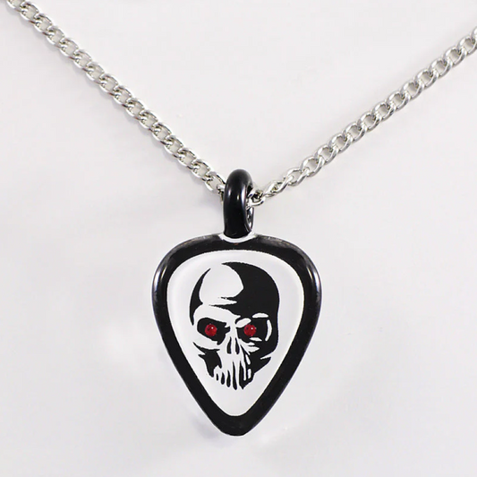 Skull guitar pick pendant necklace with red eye accents on chain