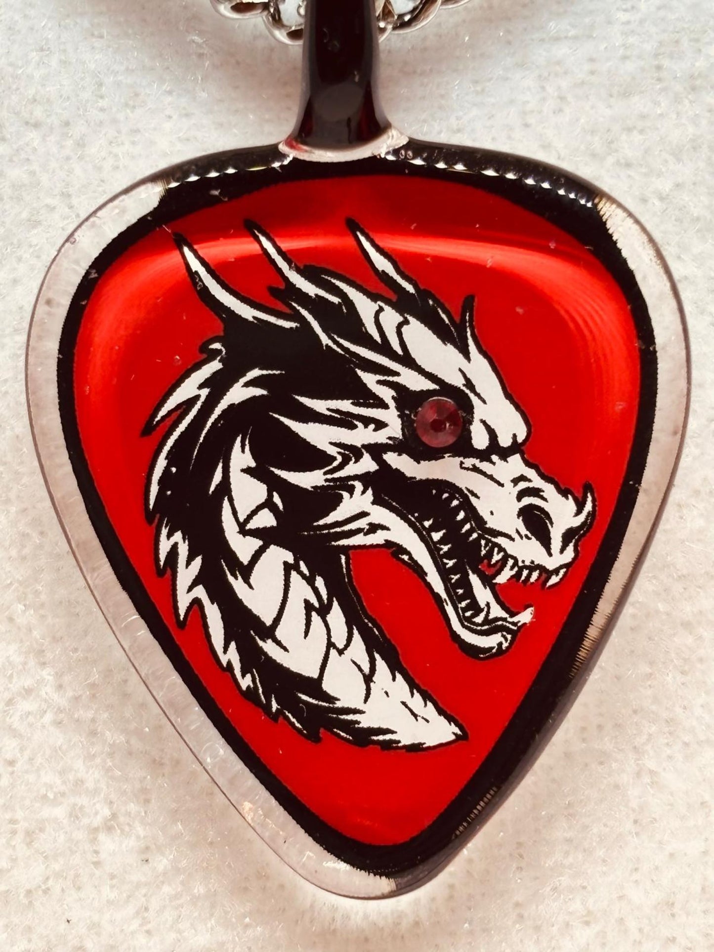 Dragon Guitar Pick Necklace Handcrafted Glass Dragon Pendant with Crystals