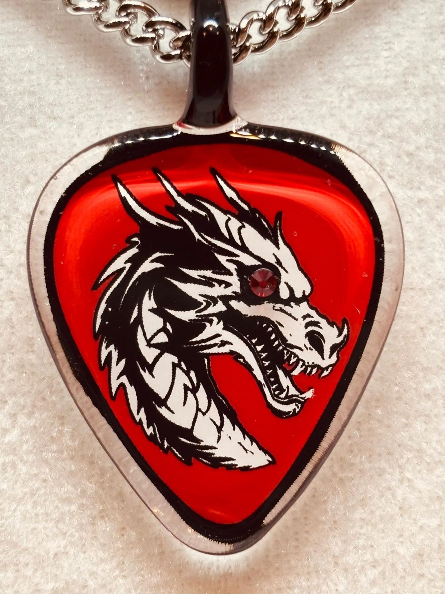 Dragon Guitar Pick Necklace Handcrafted Glass Dragon Pendant with Crystals