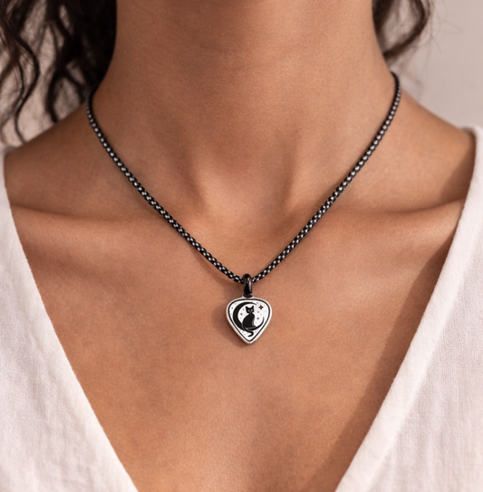 Cat and Moon Necklace Handcrafted Glass Pendant with Crystals on Cord Chain