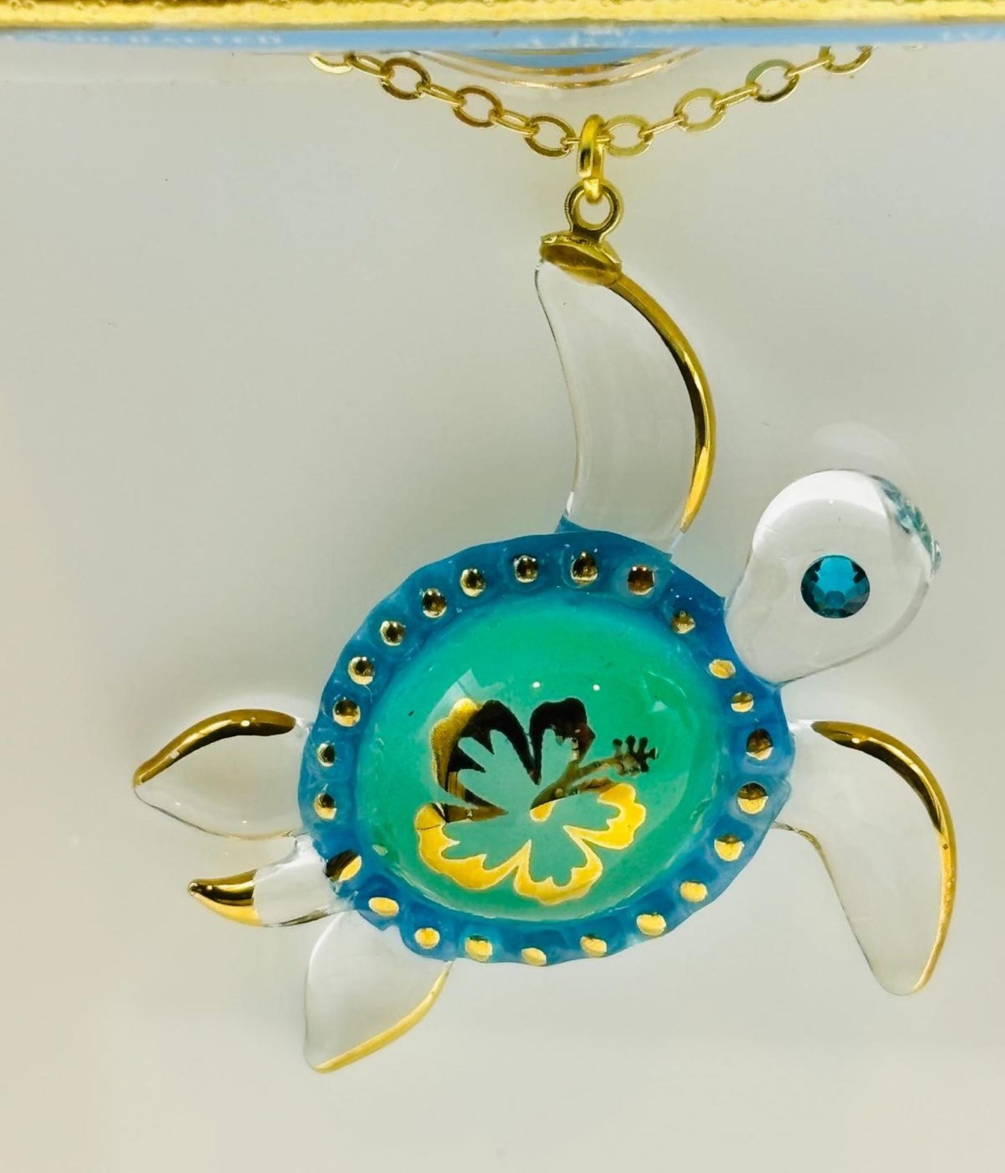 Aloha Sea Turtle Necklace Hawaiian Sea Turtle Pendant with Crystal on Gold Chain