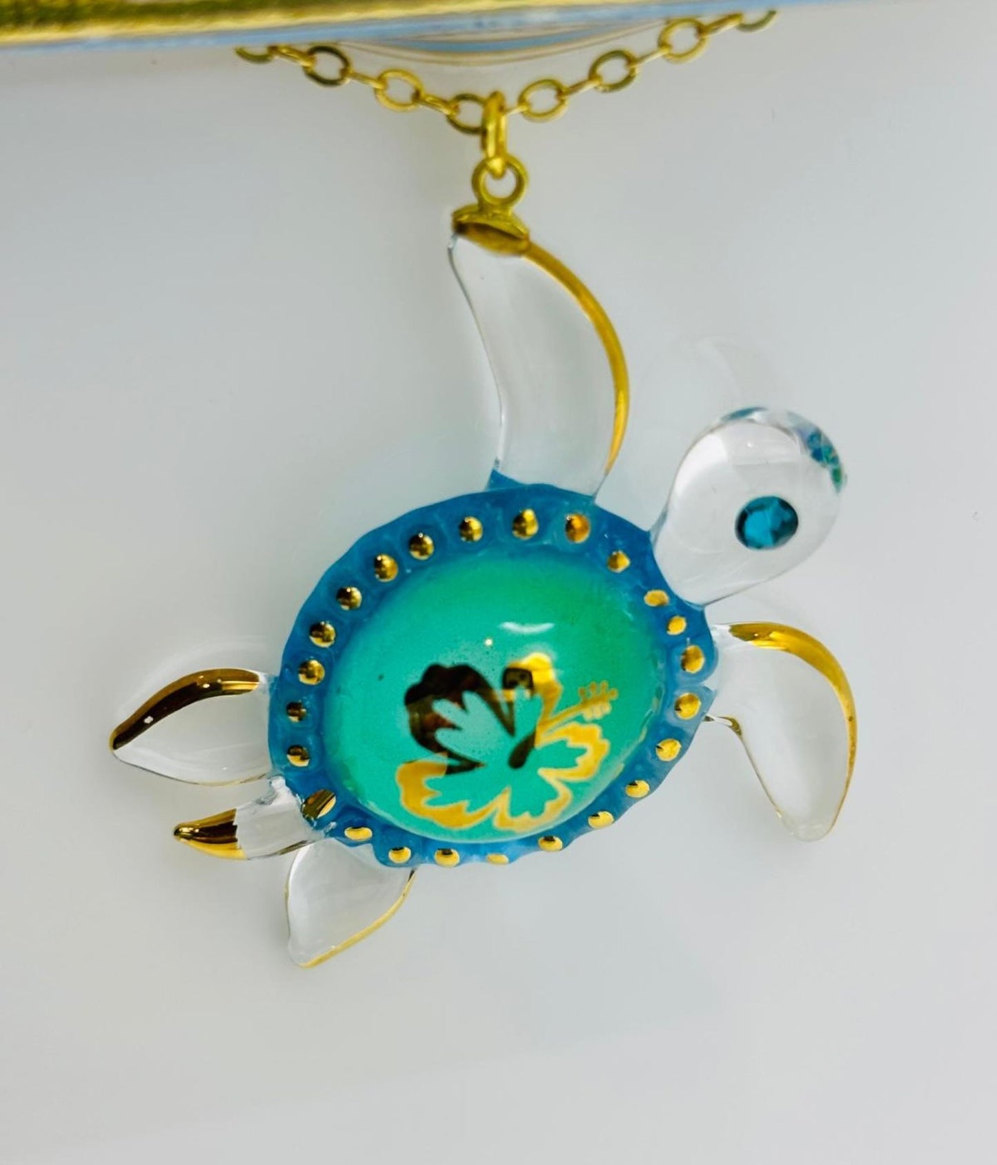 Aloha Sea Turtle Necklace Hawaiian Sea Turtle Pendant with Crystal on Gold Chain