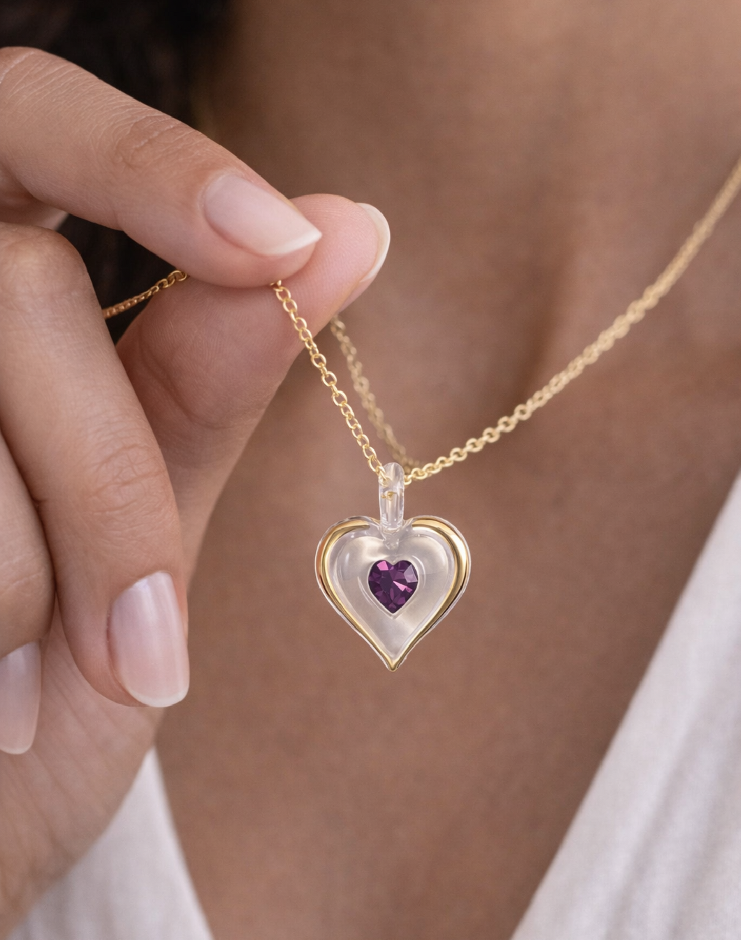 February Birthstone Heart Necklace Purple Crystal Gold Pendant Birthday Gift for Her