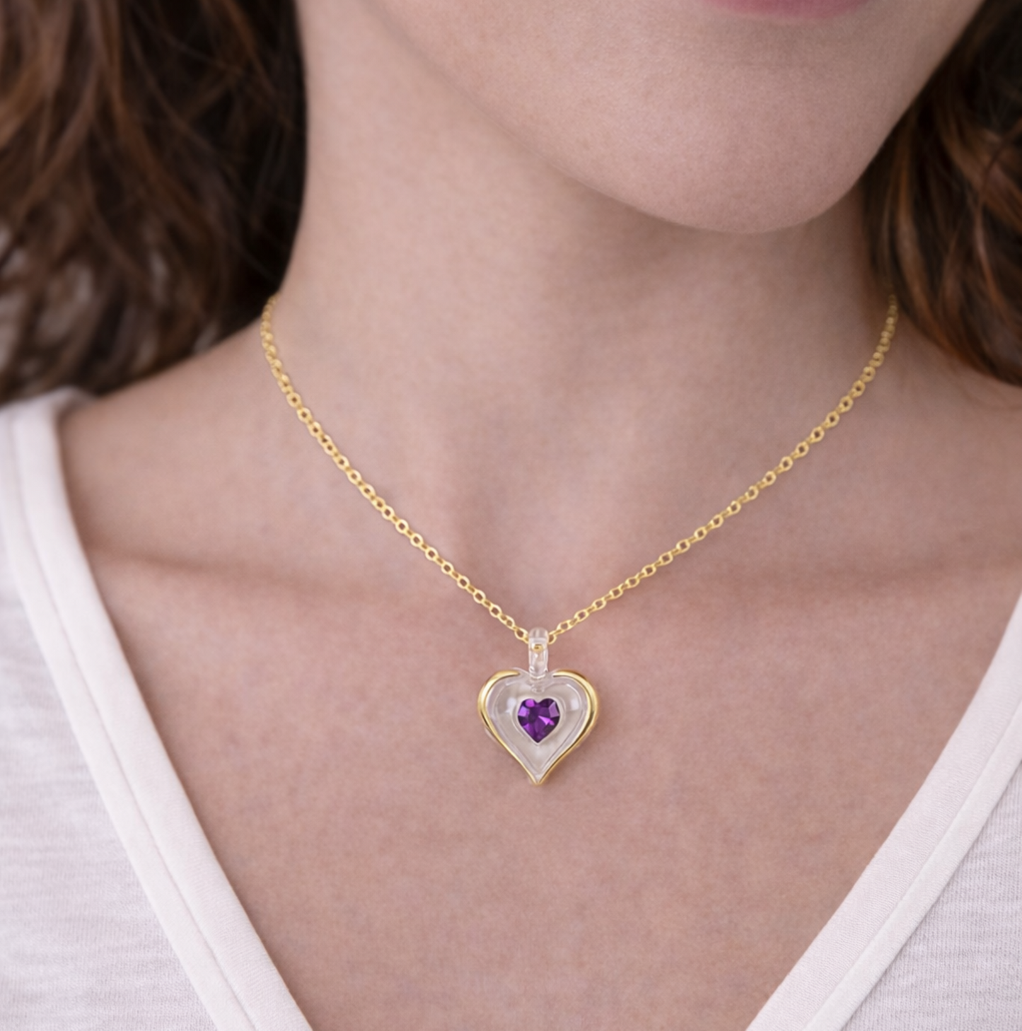 February birthstone heart necklace with purple crystal pendant on 18 inch gold plated chain