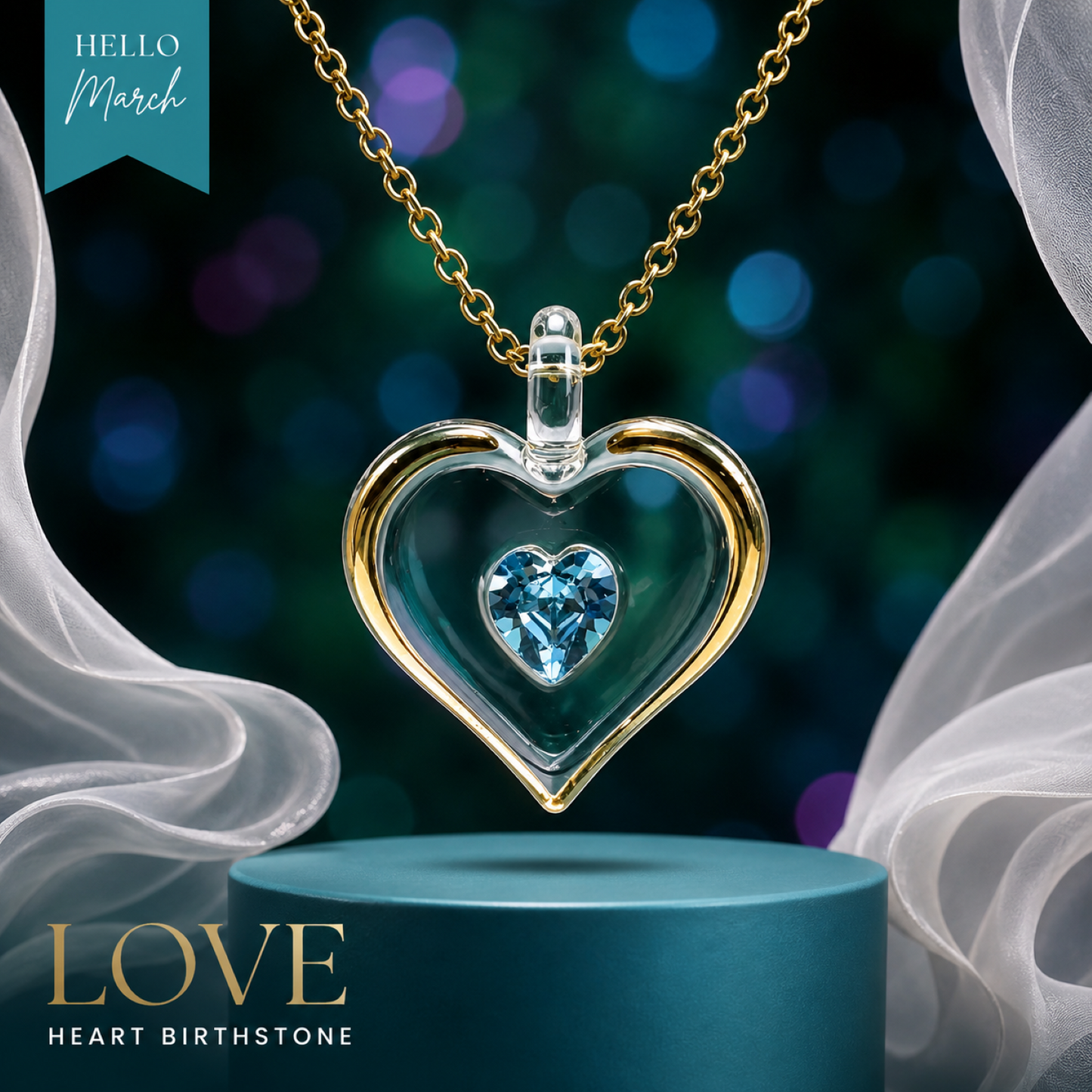 March Birthstone Heart Necklace Aquamarine Crystal Heart Pendant on Gold Chain