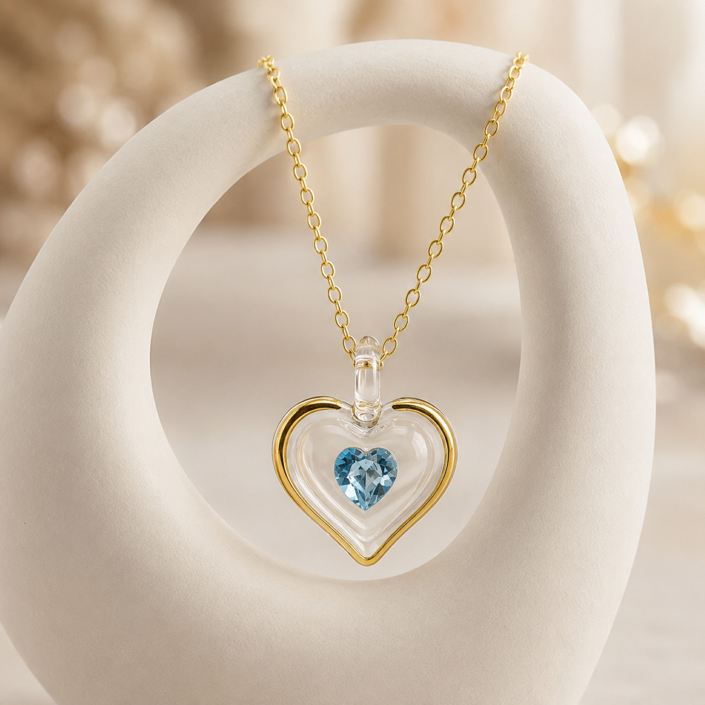 March Birthstone Heart Necklace Aquamarine Crystal Heart Pendant on Gold Chain