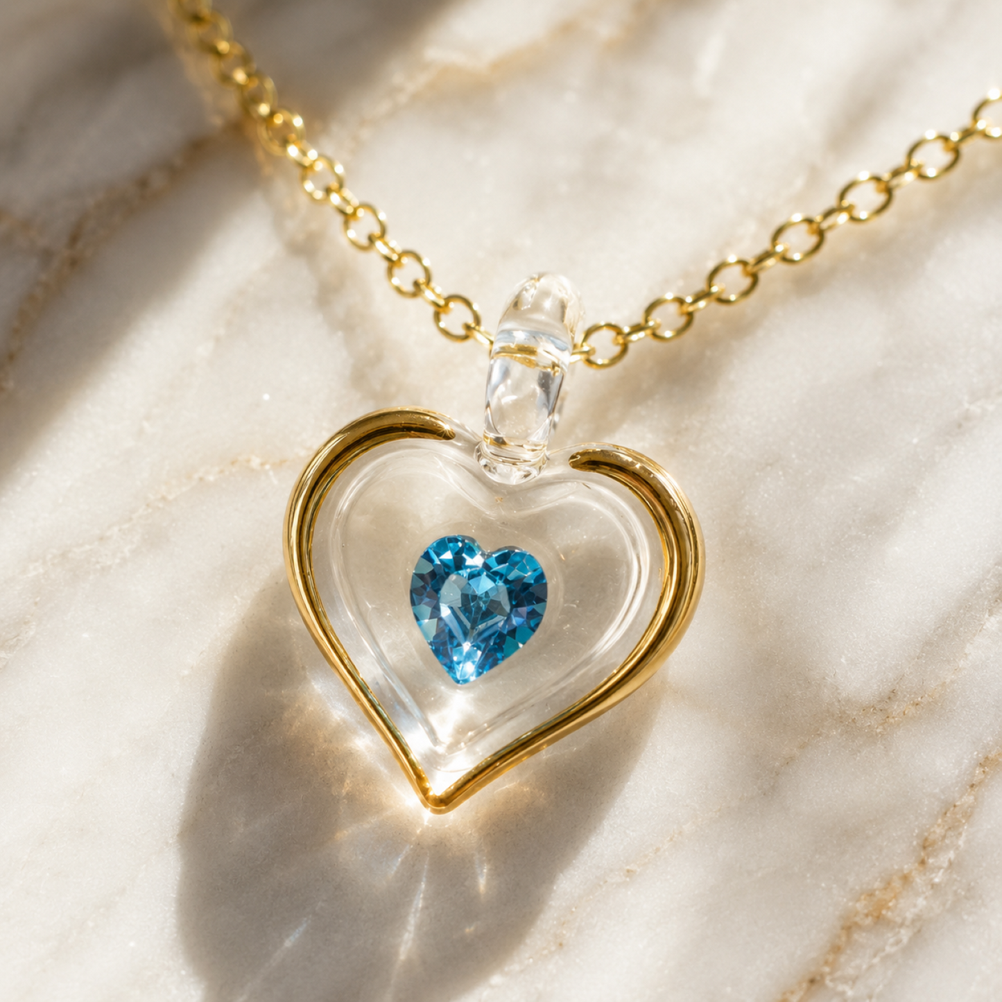 March Birthstone Heart Necklace Aquamarine Crystal Heart Pendant on Gold Chain