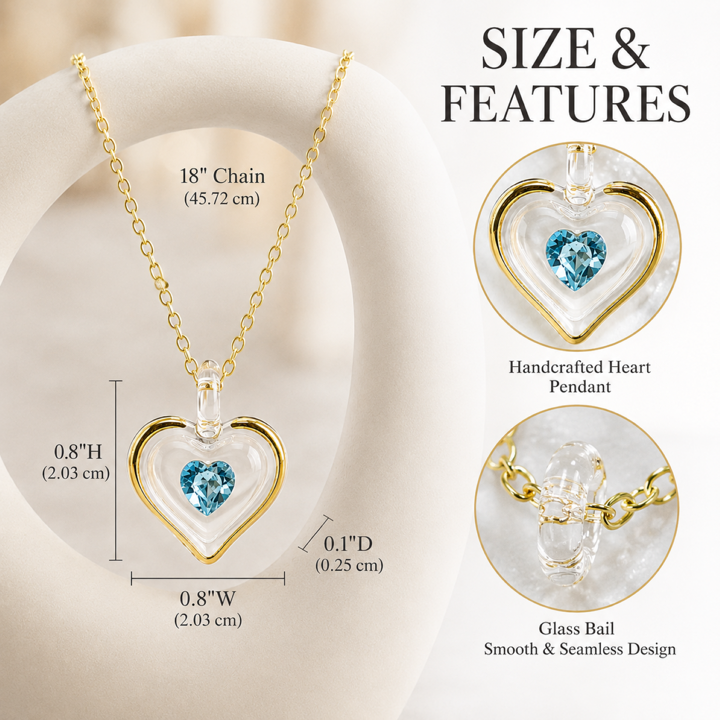 March Birthstone Heart Necklace Aquamarine Crystal Heart Pendant on Gold Chain