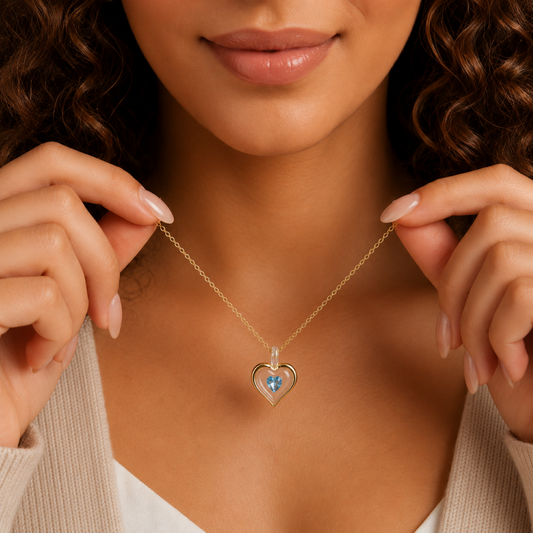 March Birthstone Heart Necklace Aquamarine Crystal Heart Pendant on Gold Chain