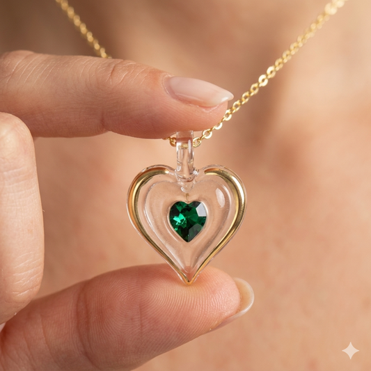 May birthstone heart necklace with green crystal pendant on 18 inch gold chain