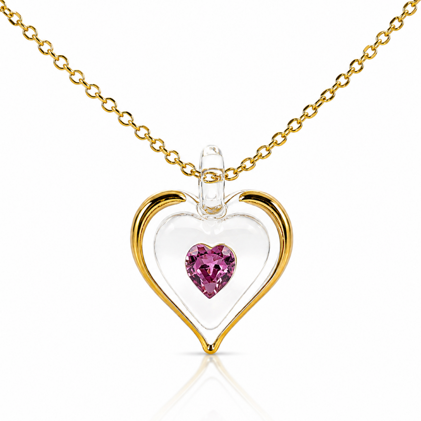 October Birthstone Heart Necklace, Pink Crystal Heart Pendant, October Birthstone Necklace, Gold Plated Heart Necklace, Birthday Gift for Women