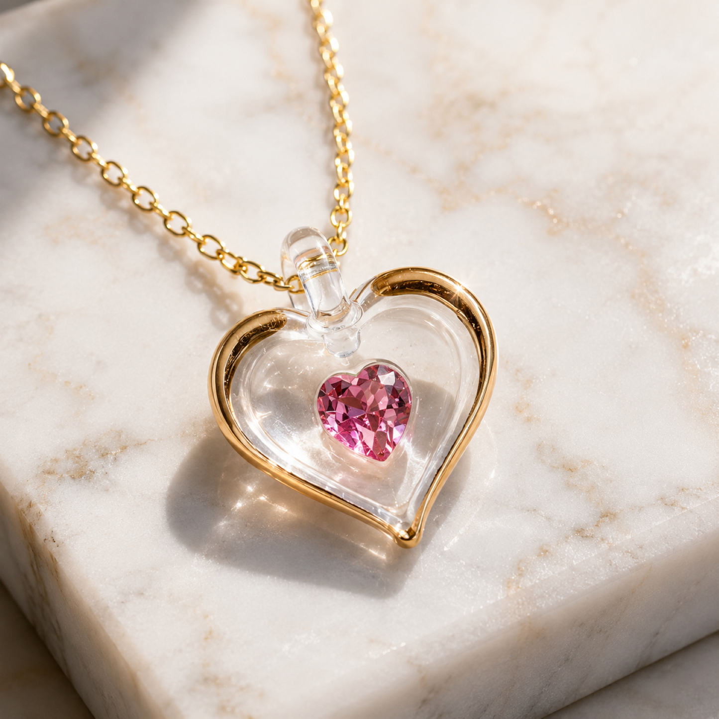 October Birthstone Heart Necklace, Pink Crystal Heart Pendant, October Birthstone Necklace, Gold Plated Heart Necklace, Birthday Gift for Women