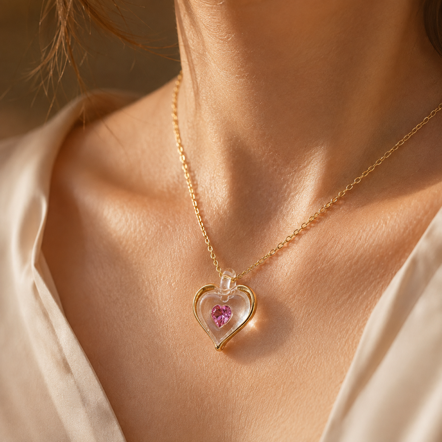 October Birthstone Heart Necklace, Pink Crystal Heart Pendant, October Birthstone Necklace, Gold Plated Heart Necklace, Birthday Gift for Women