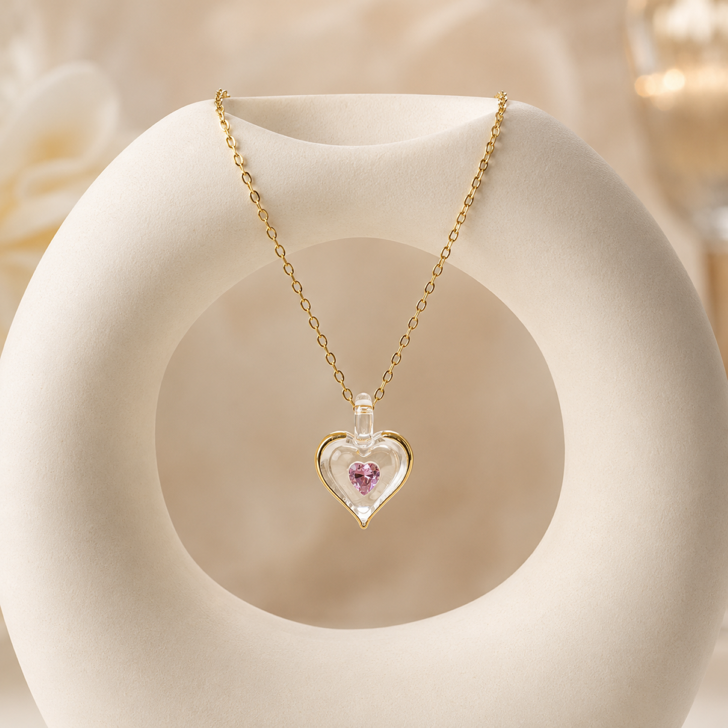 October Birthstone Heart Necklace, Pink Crystal Heart Pendant, October Birthstone Necklace, Gold Plated Heart Necklace, Birthday Gift for Women