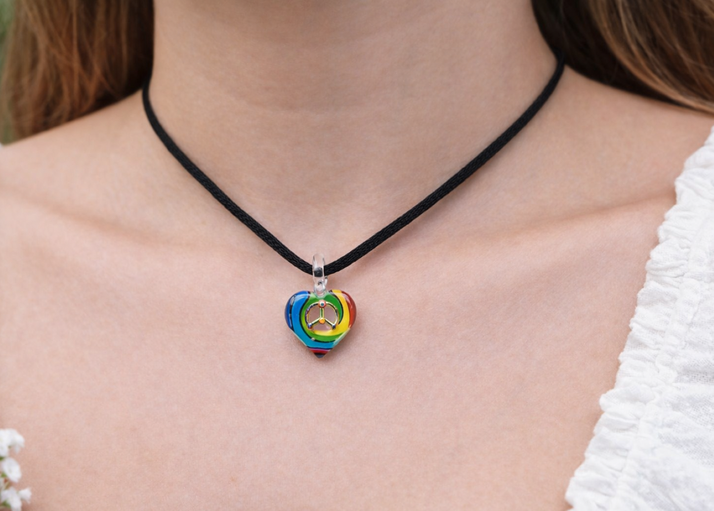 Rainbow Heart Peace Sign Necklace Pendant Glass Jewelry Gift for Her Pride Jewelry Love Symbol