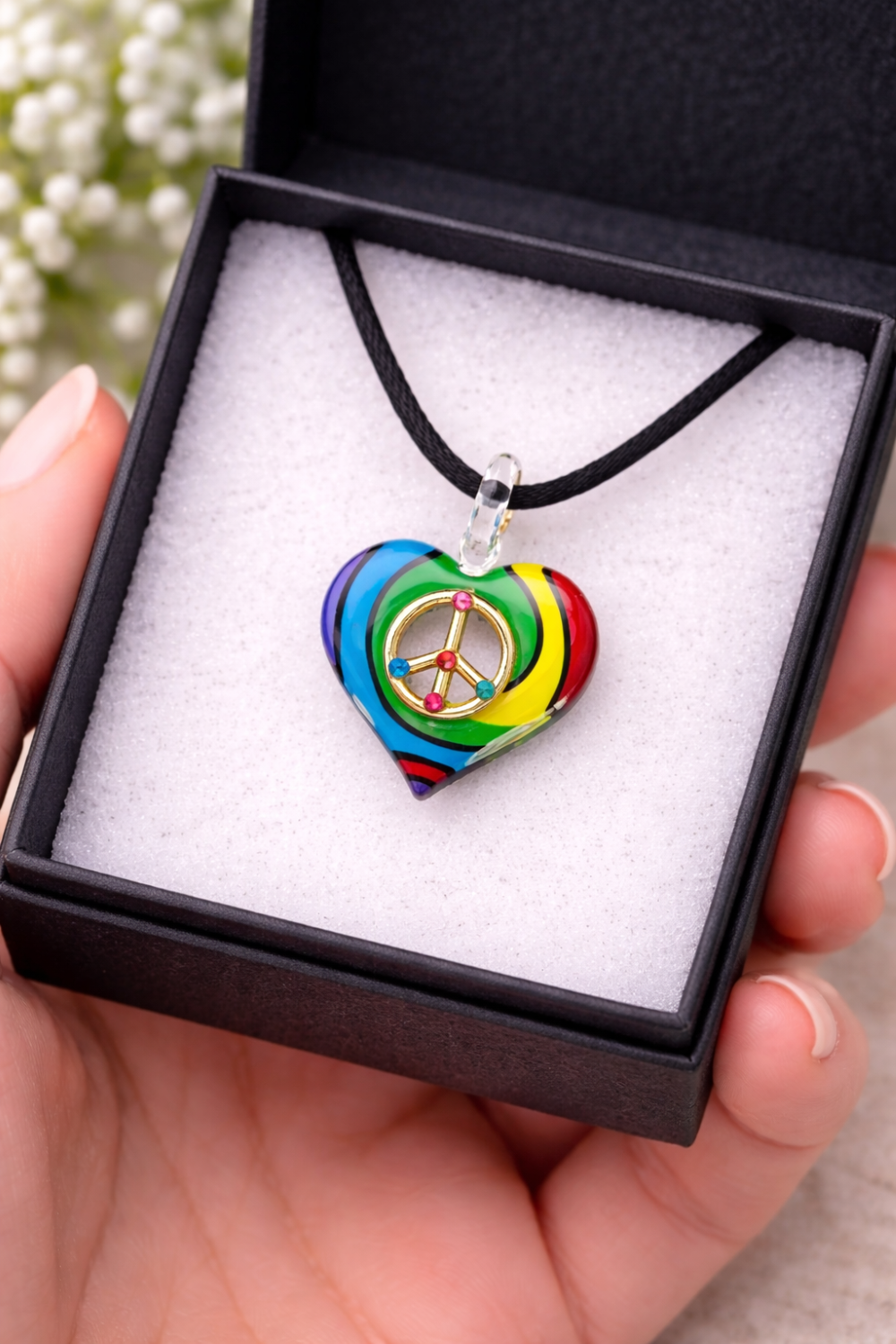 Rainbow Heart Peace Sign Necklace Pendant Glass Jewelry Gift for Her Pride Jewelry Love Symbol