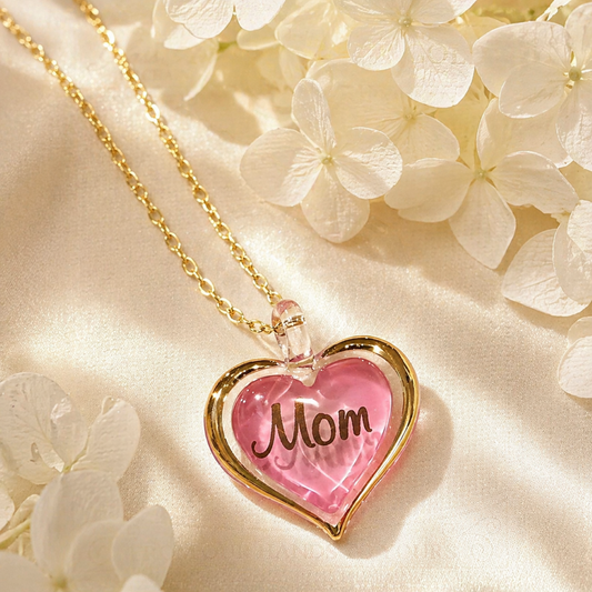 Handcrafted pink heart pendant necklace with Mom engraving on 18 inch gold plated chain