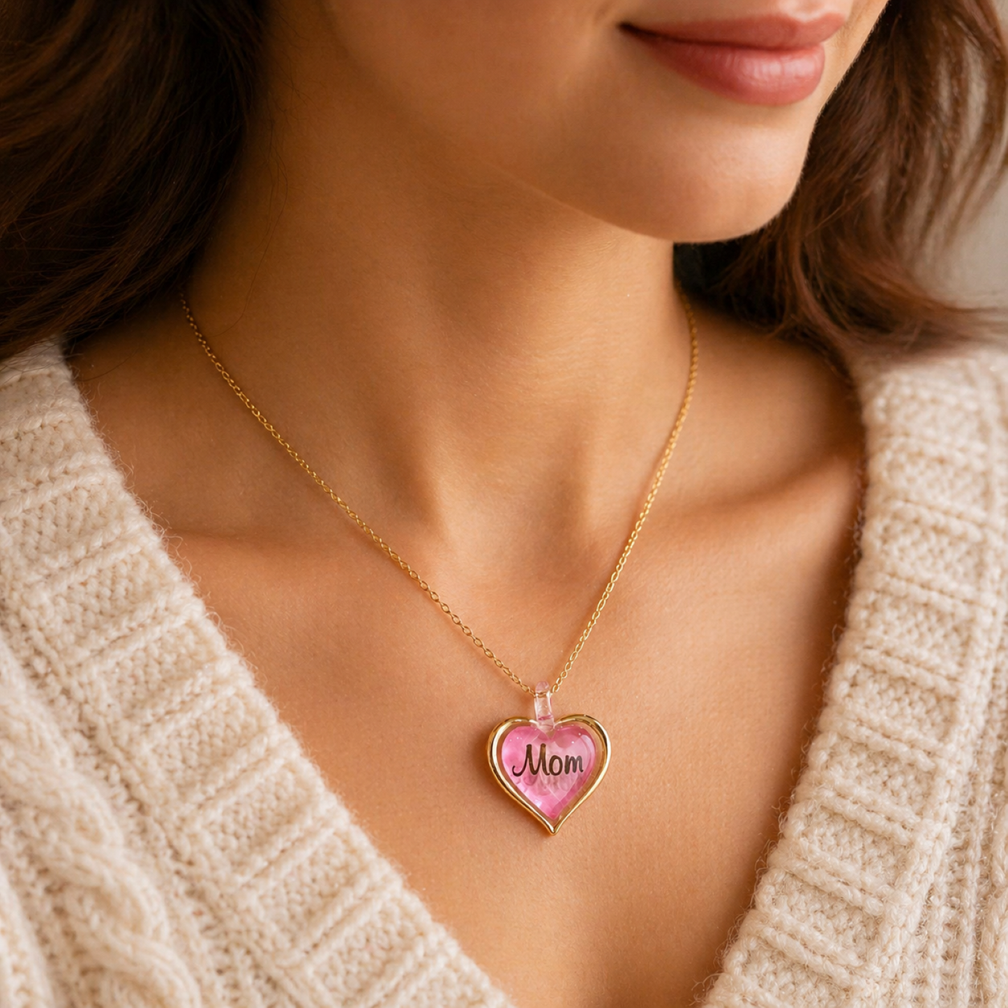Mom Heart Necklace | Pink Heart Pendant | Mother Gift | 18” Gold Plated Chain