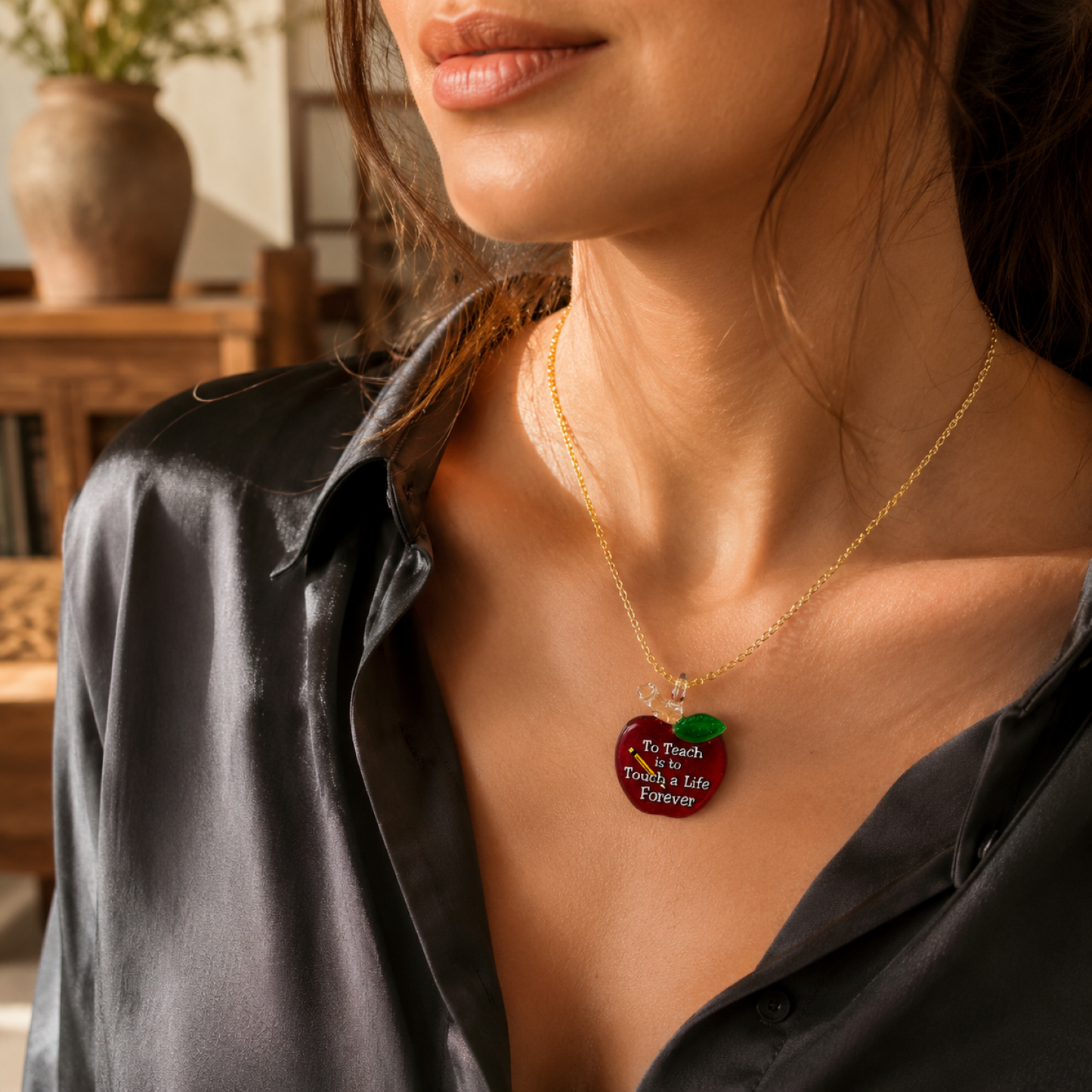 Teacher Apple Necklace | “To Teach Is to Touch a Life Forever” Gift Appreciation Gift Pendant