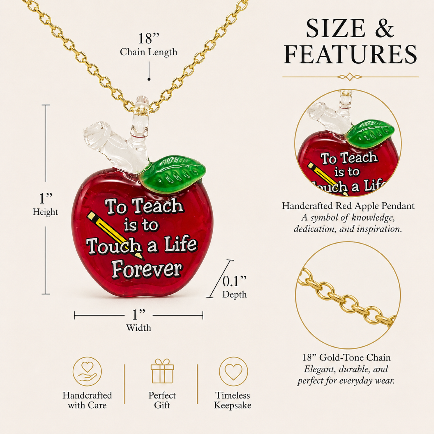 Teacher Apple Necklace | “To Teach Is to Touch a Life Forever” Gift Appreciation Gift Pendant