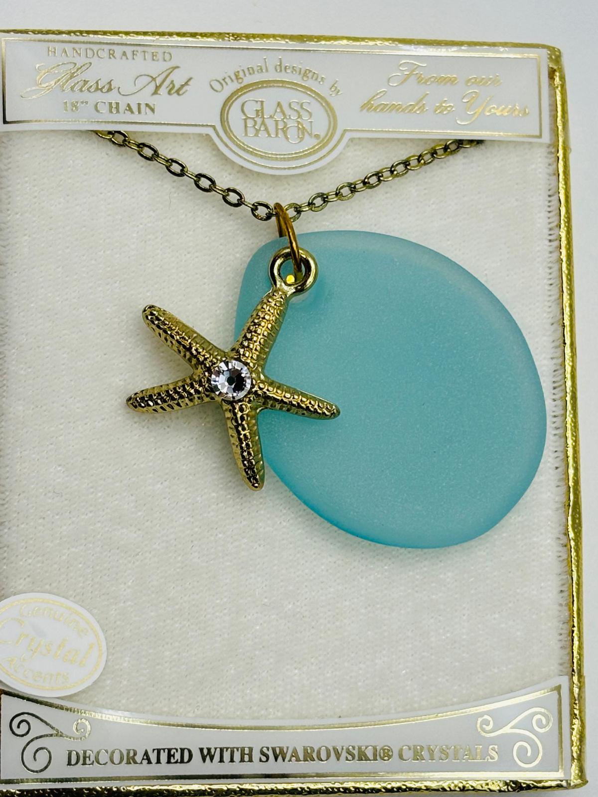 Starfish Necklace with Sea Glass Pendant Handcrafted Coastal Beach Jewelry on Gold Chain