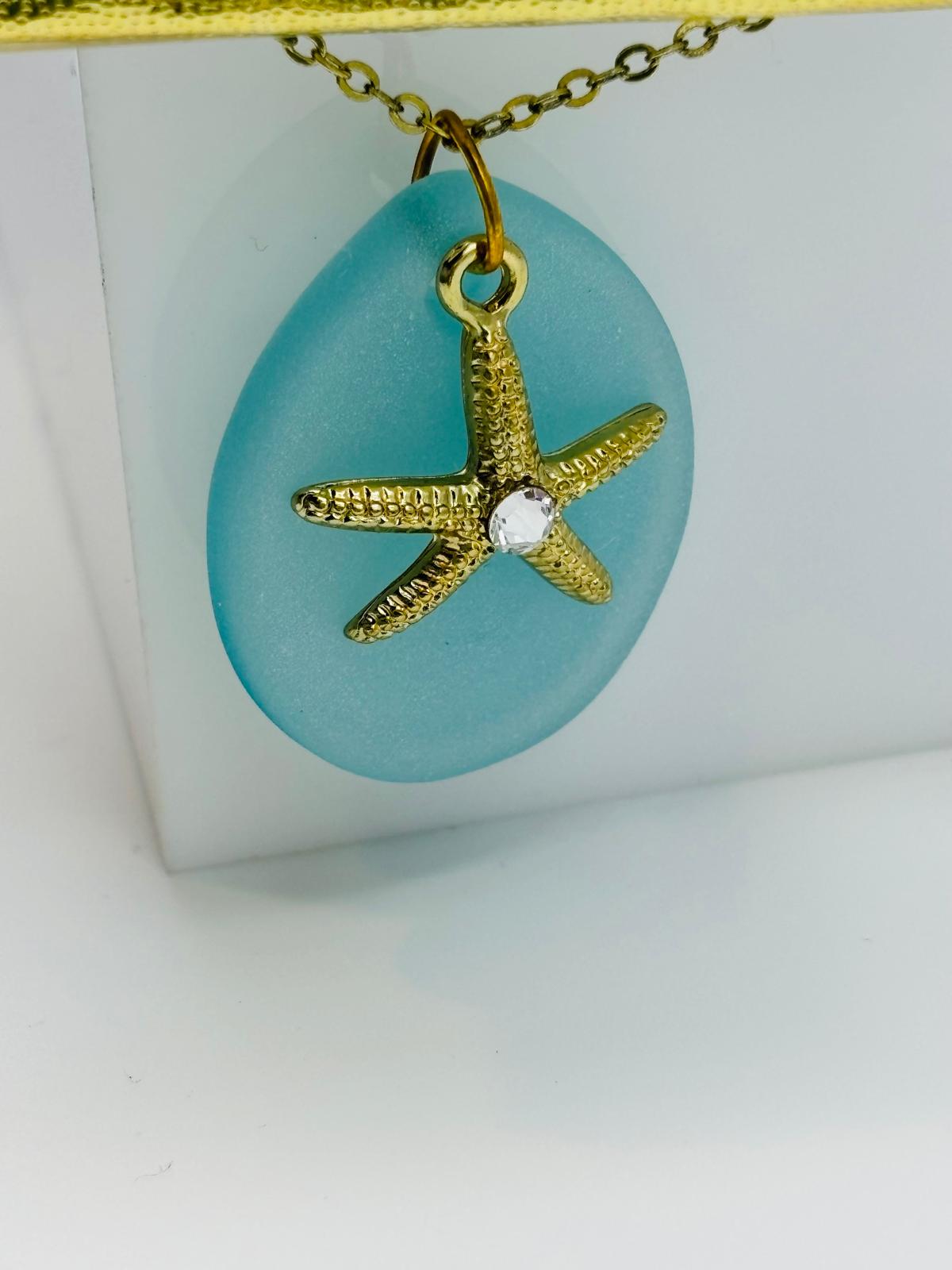 Starfish Necklace with Sea Glass Pendant Handcrafted Coastal Beach Jewelry on Gold Chain
