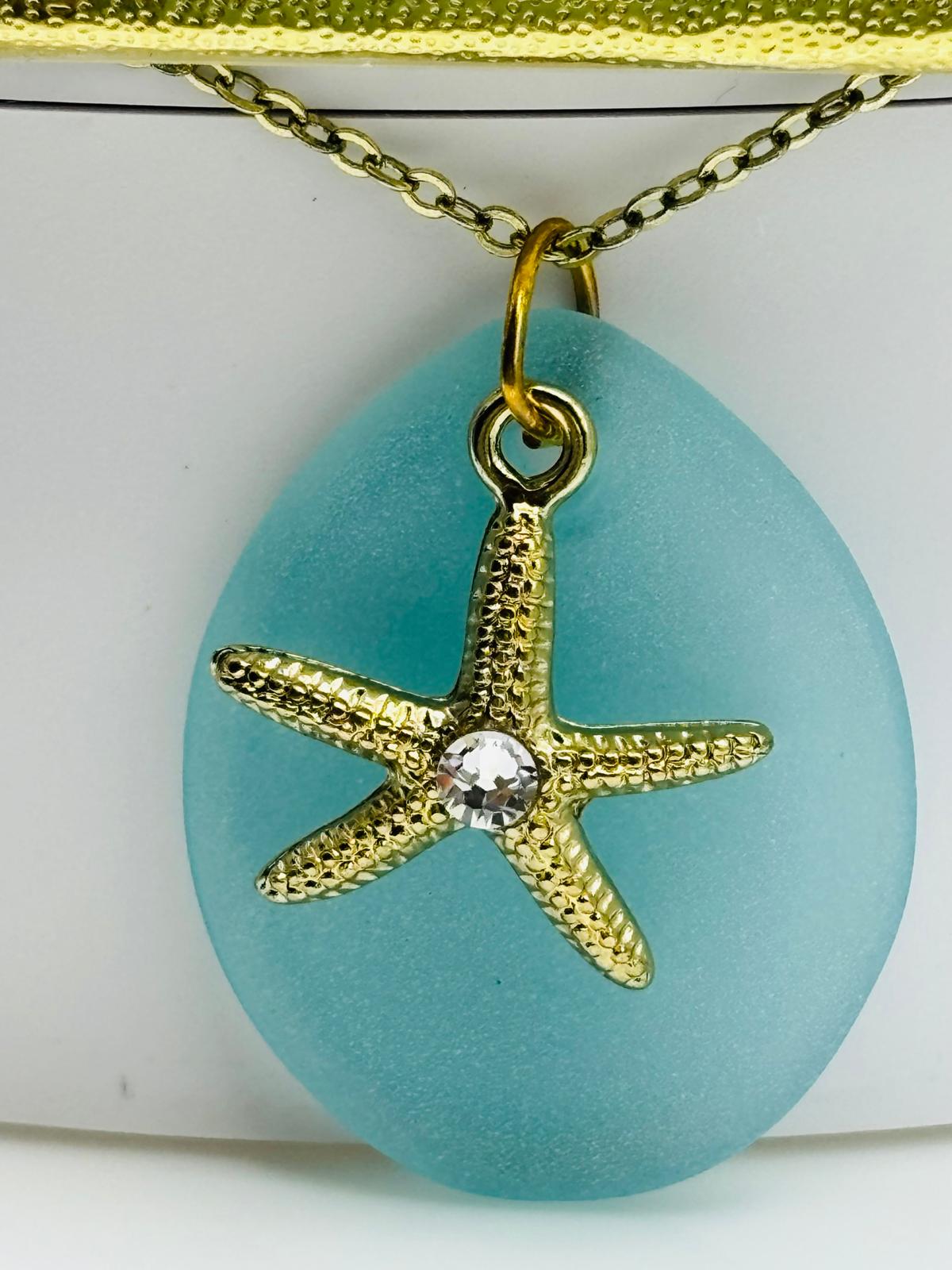 Starfish Necklace with Sea Glass Pendant Handcrafted Coastal Beach Jewelry on Gold Chain