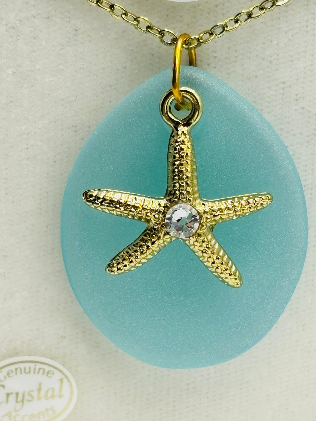 Starfish Necklace with Sea Glass Pendant Handcrafted Coastal Beach Jewelry on Gold Chain