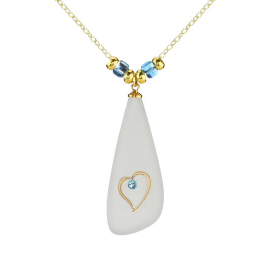 Sea glass heart pendant necklace with crystal accents on 18 inch gold chain