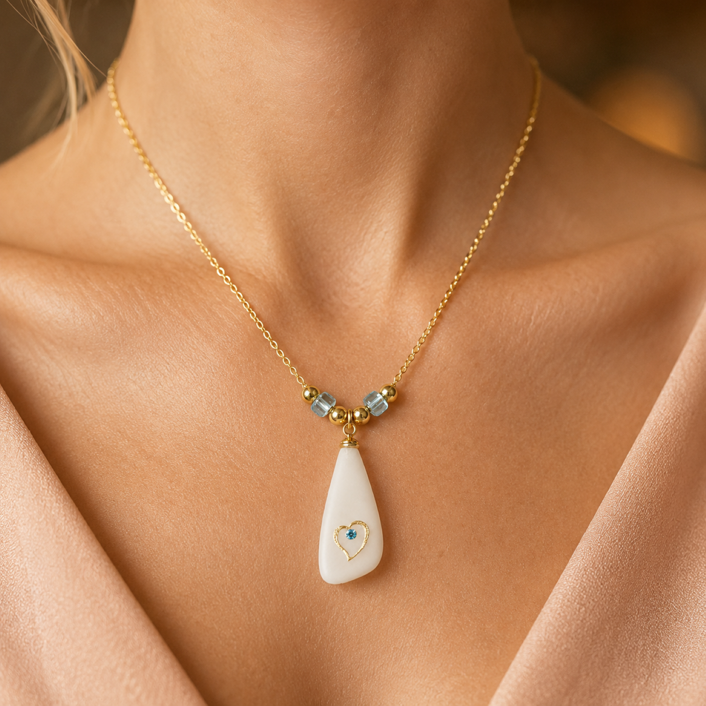 Sea glass heart pendant necklace with frosted white glass-style pendant, gold heart detail, blue crystal accent, blue glass beads, and an 18-inch gold-plated chain.