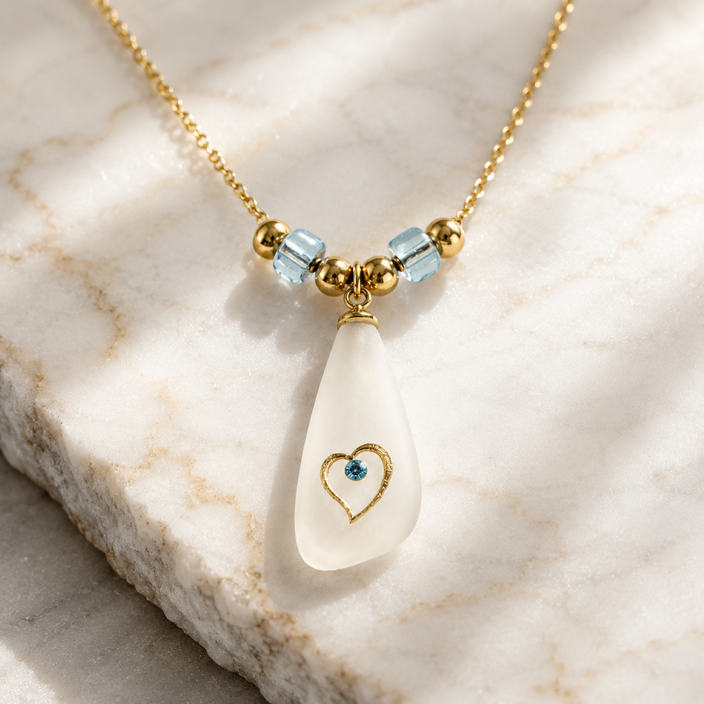 Sea Glass Heart Necklace, Gold Necklace for Women, Beach Glass Pendant, Heart Pendant Necklace, Coastal Jewelry, Gift for Her