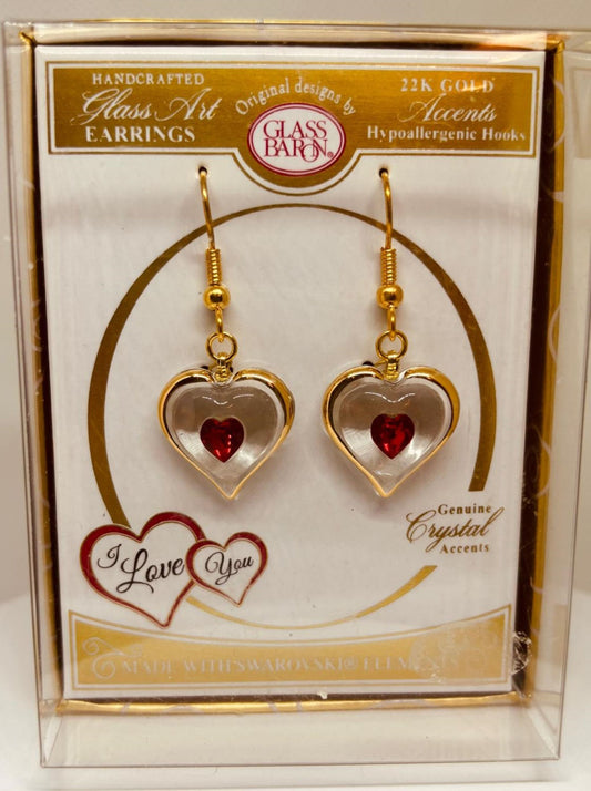 Red Crystal Heart Drop Dangle Earrings | 22Kt Gold Trim