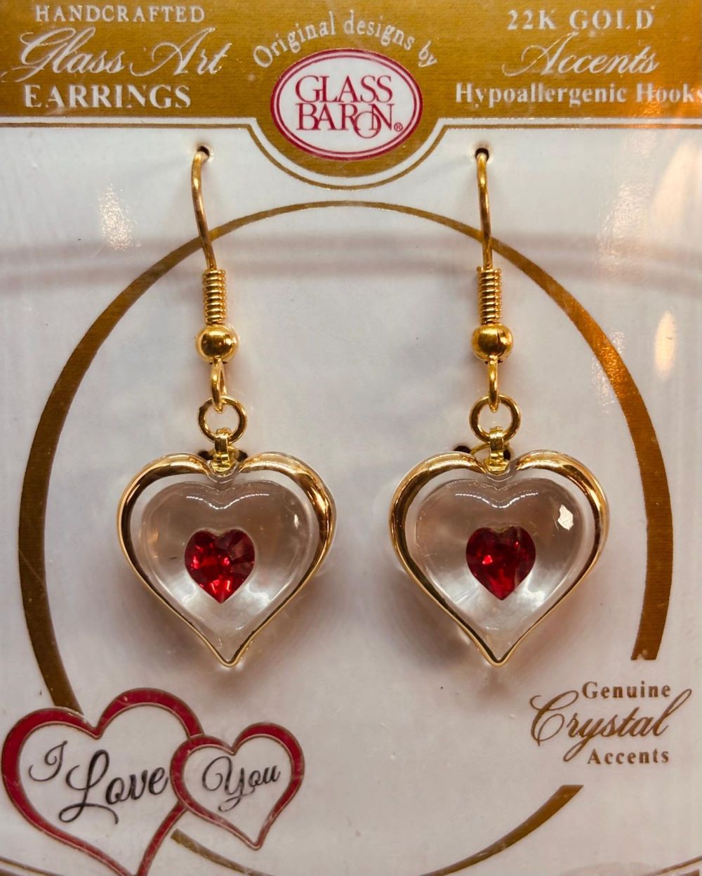 Red Crystal Heart Drop Dangle Earrings | 22Kt Gold Trim