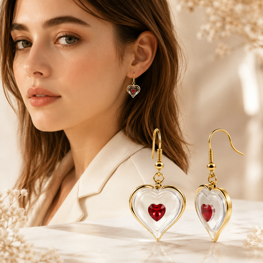 Handcrafted red heart drop earrings with Genuine Crystals and Real 22Kt Gold accents.