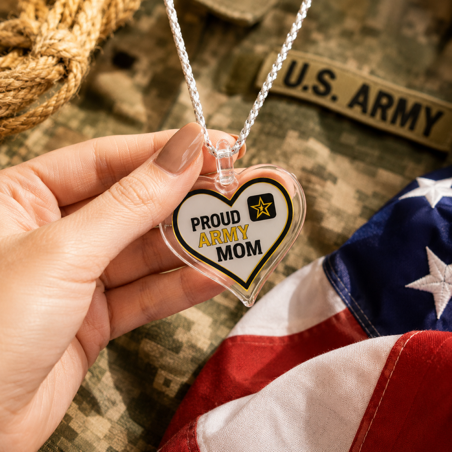 Official Proud Army Mom handcrafted glass heart pendant necklace on an 18-inch silver cord.