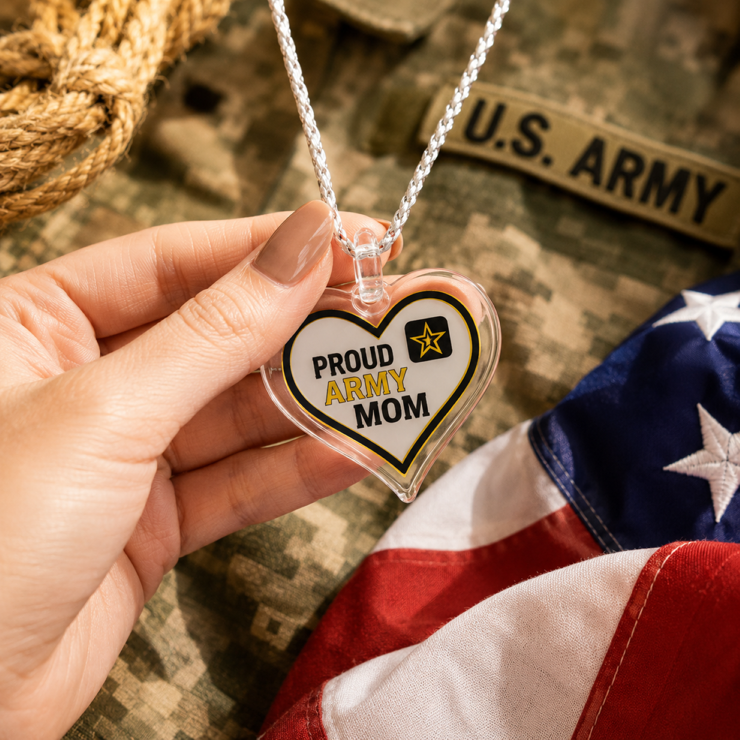 Official Proud Army Mom handcrafted glass heart pendant necklace on an 18-inch silver cord.